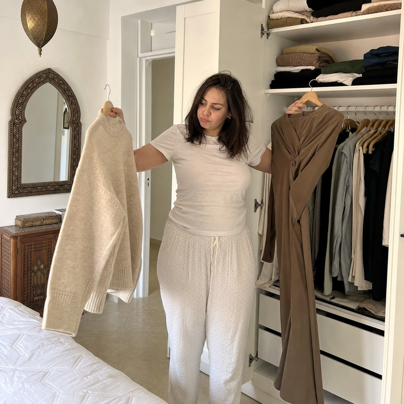Femme qui choisit un grand pull à la place de sa robe